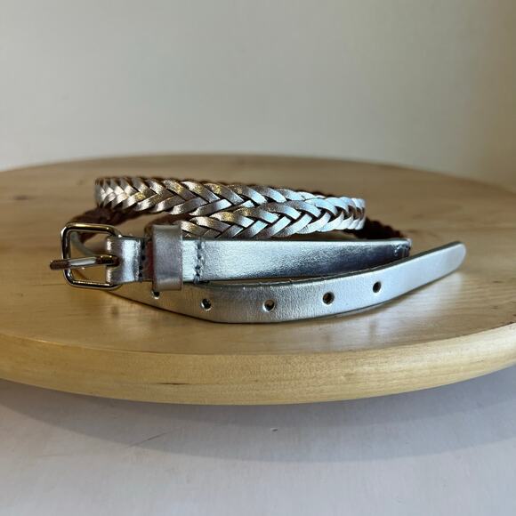 J. Crew Silver Metallic Genuine Leather Thin Skinny Woven Belt Size Large - Picture 12 of 12